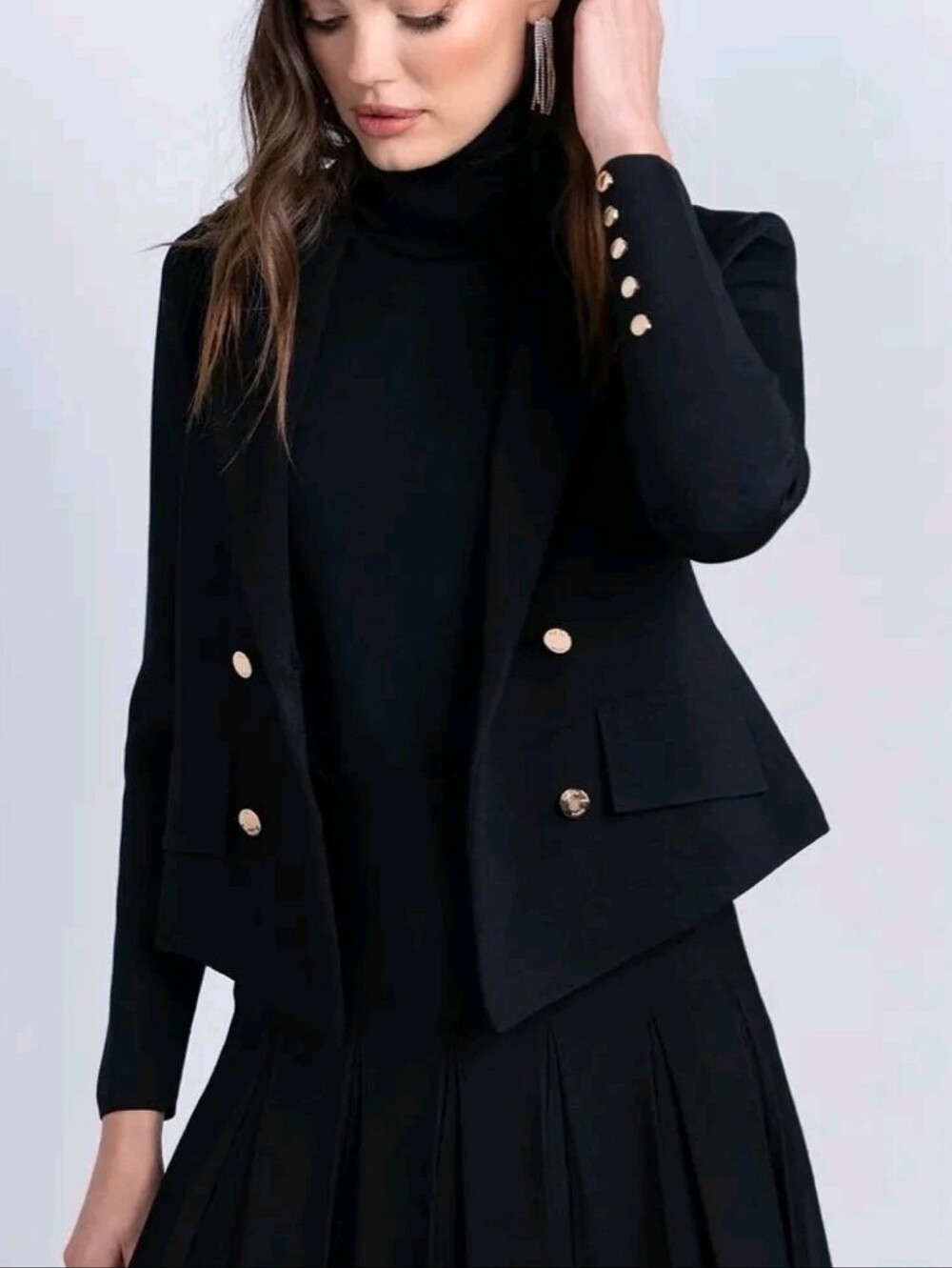 Aleeza Paris Black Double-Breasted Military-Style Knit Blazer